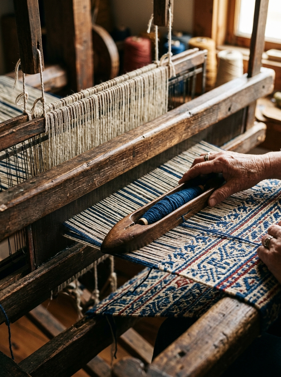 Loom threading with wooden weaving shuttle
